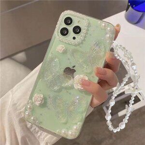 iPhone 16, 16 Pro, 16 Pro Max Bling Butterfly Glitter Case w/ Pearl Strap